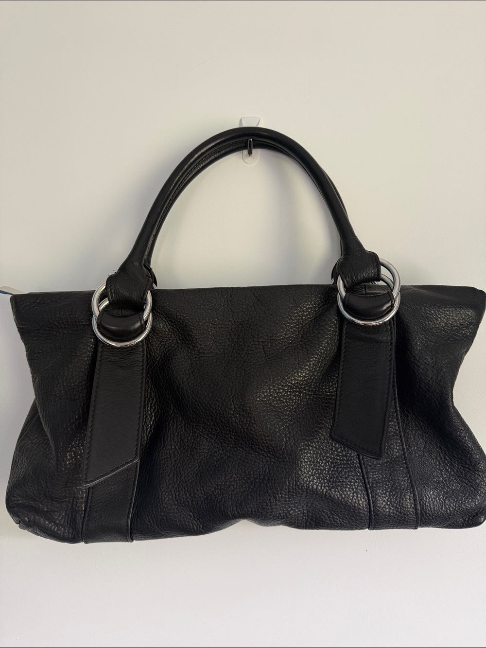 Express Black Pebbled Leather Shoulder Bag with Silver Rings